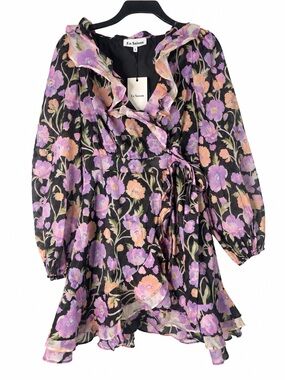 En Saison Becca Floral Faux Wrap Mini Dress Black Purple Orange S NWT MSRP $128